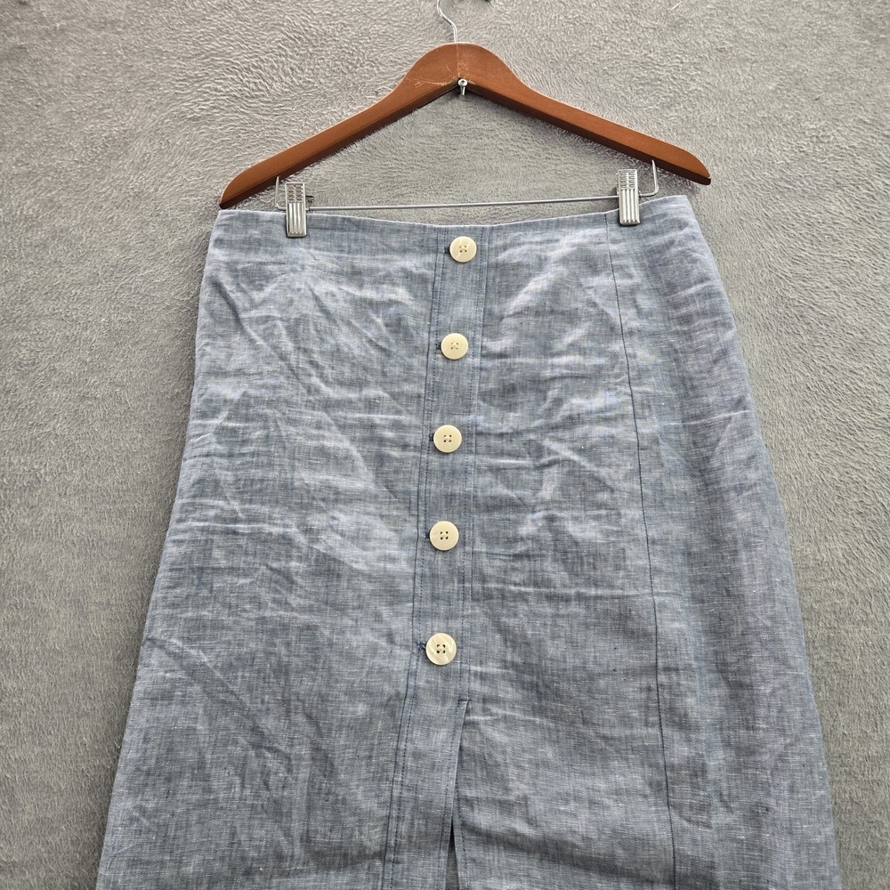LOFT Women Skirt 10 Blue Cotton Linen Pencil Skirt Button Front Coastal Beach - Picture 4 of 8